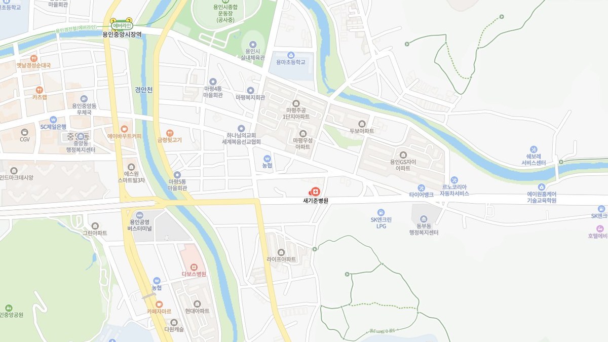 Map showing Saegijun Hospital location at 1539 Jungbu-daero, Cheoin-gu, Yongin-si
